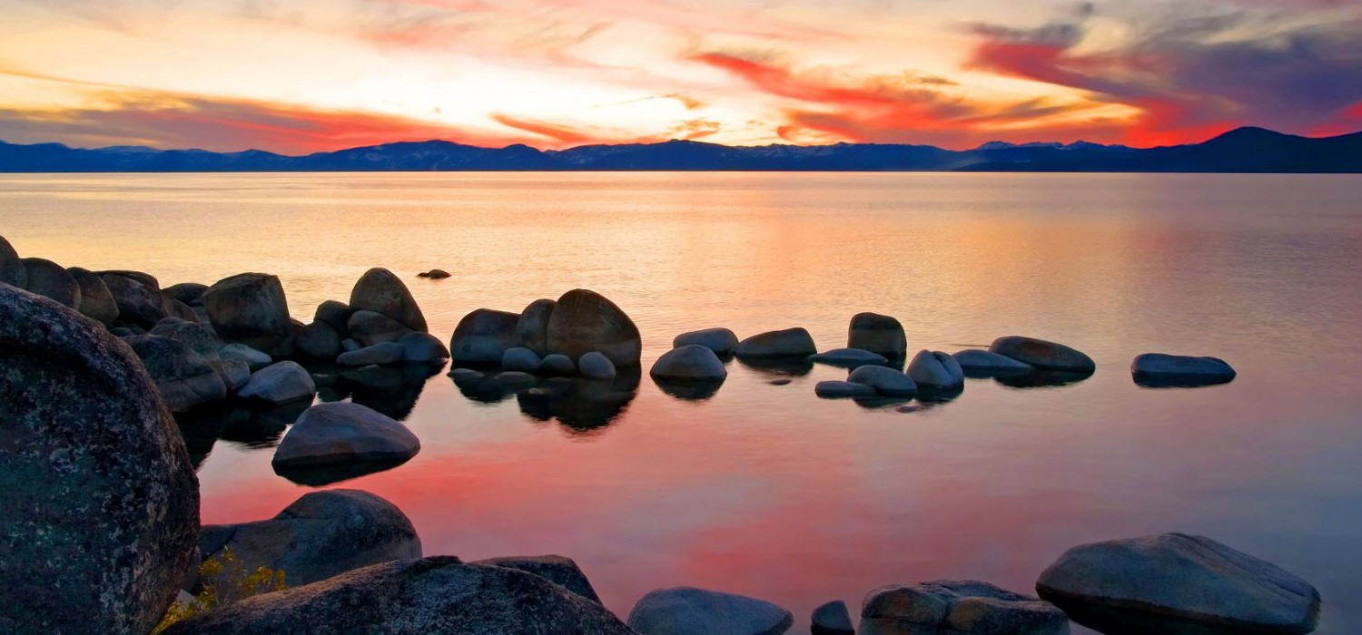 Granite boulders along the Lake Tahoe shoreline at sunset